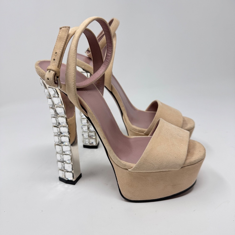Gucci Platform Heels Swarovski Crystal Block Heels Sandals Beige size 35.5